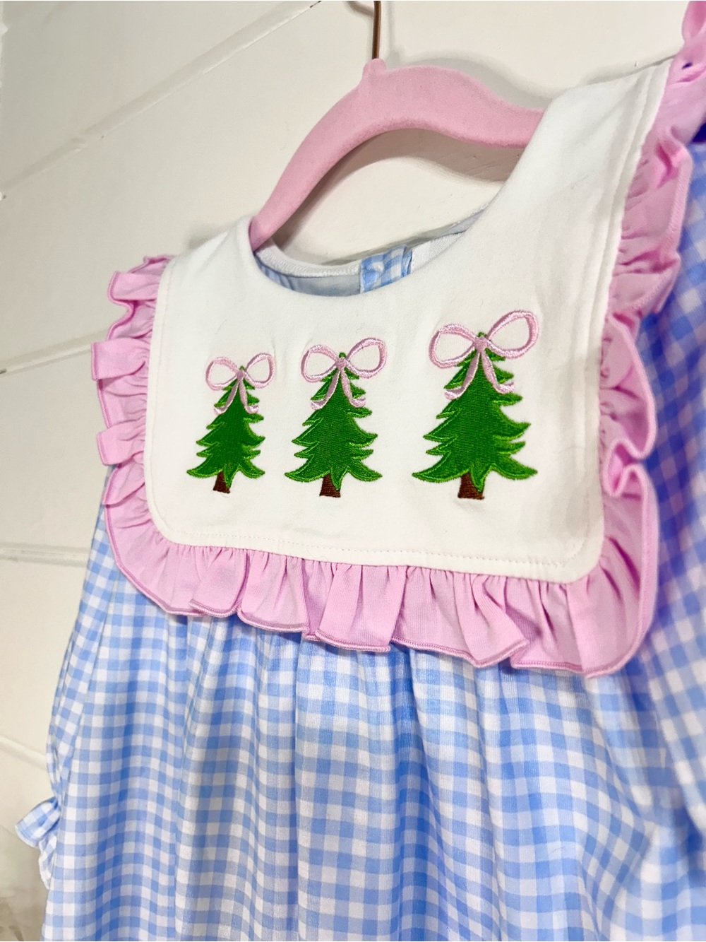 Pink Trim Blue Gingham Kids Dress with Tree Embroidery